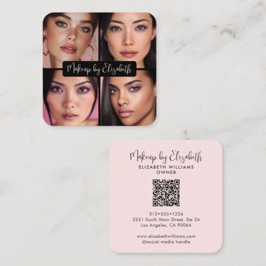 4 Photo Makeup Blush Pink Script Black QR Code Vierkante Visitekaartje (Voorkant / Achterkant)