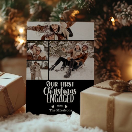 4 Photo Minimalist First Christmas Engaged Feestdagenkaart