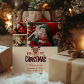 4 Photo Plaid Reindeer Baby First Christmas  Feestdagenkaart