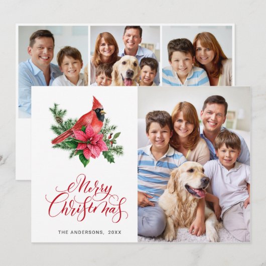 4 PHOTO Poinsettia Red Kardinaal kerstgroet Feestdagenkaart (Voorkant / Achterkant)