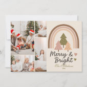 4 Photo Retro Neutral Rainbow Merry & Bright Feestdagenkaart (Voorkant)