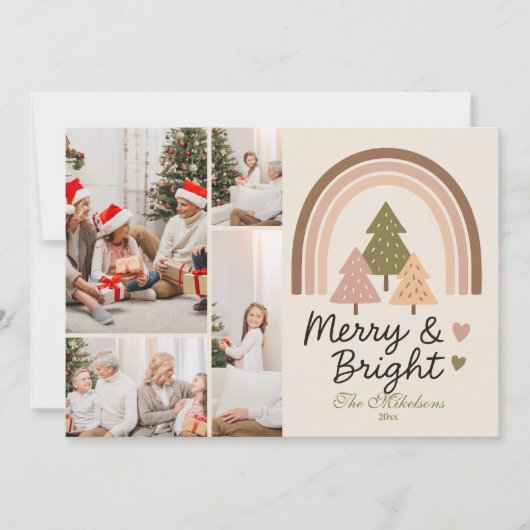 4 Photo Retro Neutral Rainbow Merry & Bright  Feestdagenkaart (Voorkant)