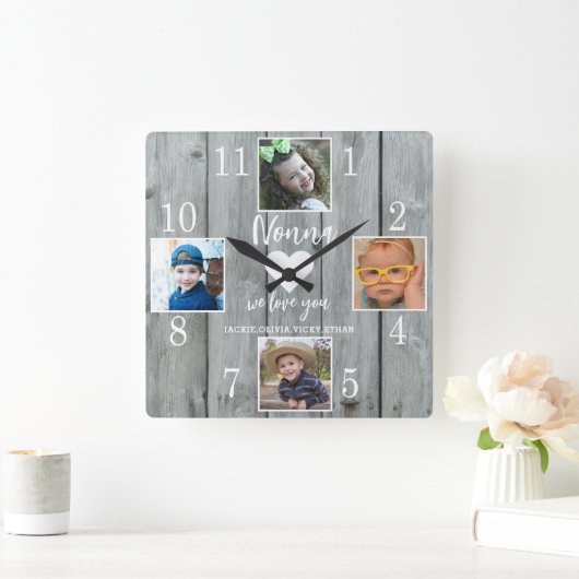 4 Photo Rustic Gray Wood Love You Nonna Grandkids Vierkante Klok (Huis)