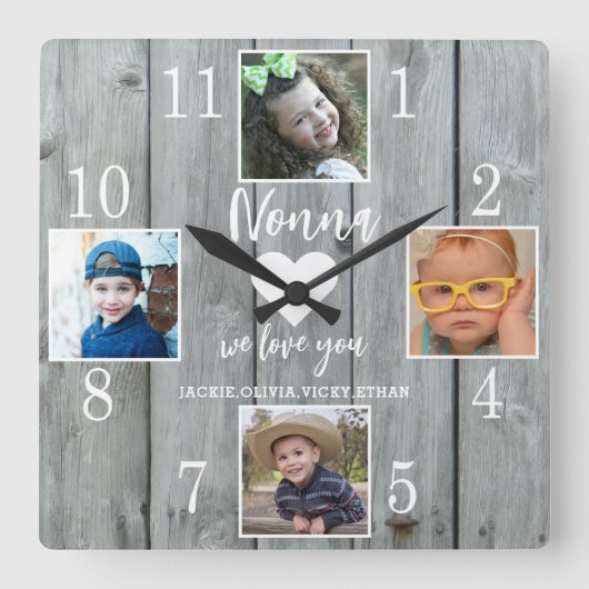 4 Photo Rustic Gray Wood Love You Nonna Grandkids Vierkante Klok (Voorkant)