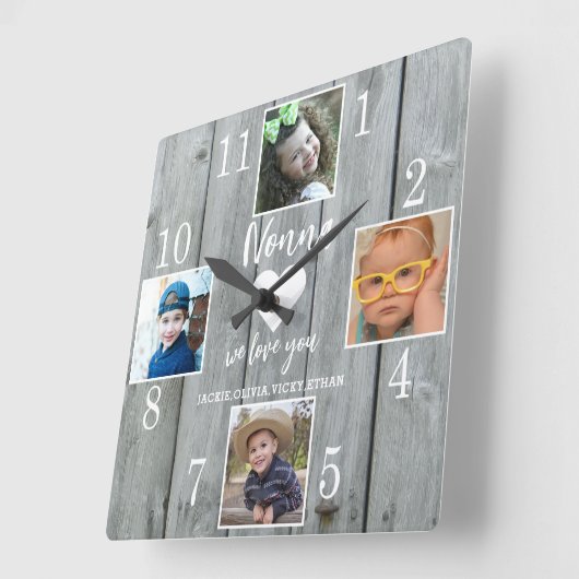 4 Photo Rustic Gray Wood Love You Nonna Grandkids Vierkante Klok (Hoek)