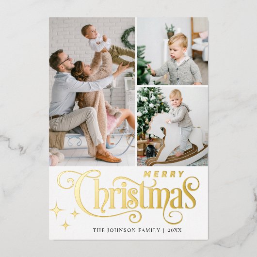 4 PHOTO Sparkle Merry-kerstgroet Gold Folie Feestdagenkaart (Voorkant)