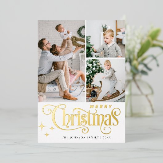 4 PHOTO Sparkle Merry-kerstgroet Gold Folie Feestdagenkaart (Staand Voorkant)