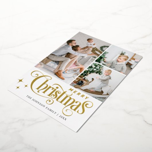 4 PHOTO Sparkle Merry-kerstgroet Gold Folie Feestdagenkaart (Gedraaid)