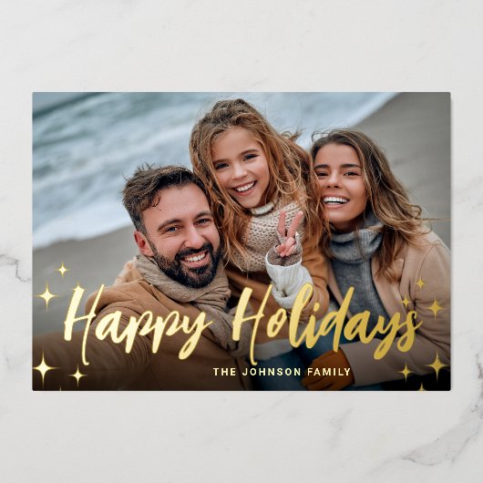 4 PHOTO Sparkle Merry-kerstgroet Gold Folie Feestdagenkaart (Voorkant)