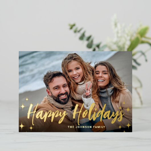 4 PHOTO Sparkle Merry-kerstgroet Gold Folie Feestdagenkaart (Staand Voorkant)