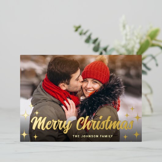 4 PHOTO Sparkle Merry-kerstgroet Gold Folie Feestdagenkaart (Staand Voorkant)