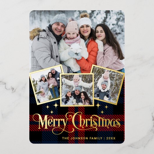 4 PHOTO Sparkle Merry-kerstgroet Gold Folie Feestdagenkaart (Voorkant)