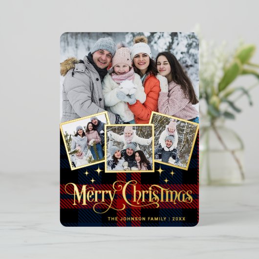 4 PHOTO Sparkle Merry-kerstgroet Gold Folie Feestdagenkaart (Staand Voorkant)