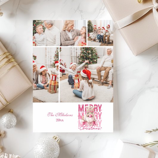 4 Photo Vintage Pink Nutcracker Christmas  Feestdagenkaart