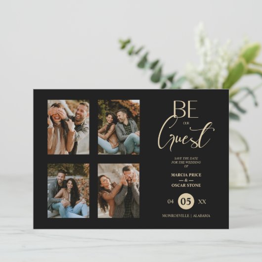 4 Photos Be our Guest Black Wedding Fancy Save The Date (Staand voorkant)