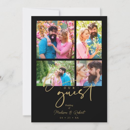 4 photos Fake Golden Black Trendy Collage Wedding Kaart (Voorkant)