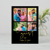 4 photos Real Golden Black Trendy Collage Wedding Folie Uitnodiging (Staand Voorkant)