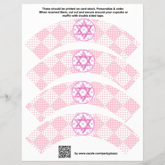 4 Pink Girl Bat Mitzvah Custom Cupcake Wrappers Flyer (Voorkant)