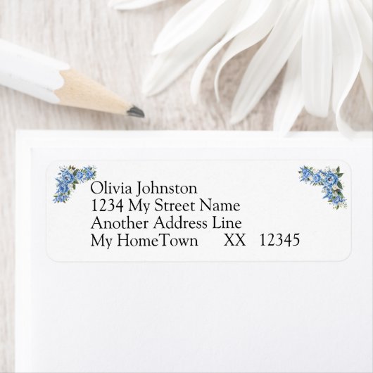 4-regelig retouradres op witte blauwe pioenroos-hu etiket (Insitu)