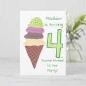 4 Scoops van Ice Cream Verjaardagsfeestuitnodiging Kaart (Staand voorkant)