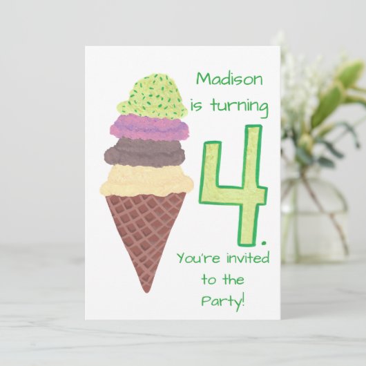 4 Scoops van Ice Cream Verjaardagsfeestuitnodiging Kaart (Staand voorkant)