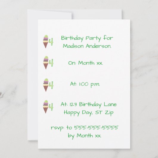 4 Scoops van Ice Cream Verjaardagsfeestuitnodiging Kaart (Achterkant)