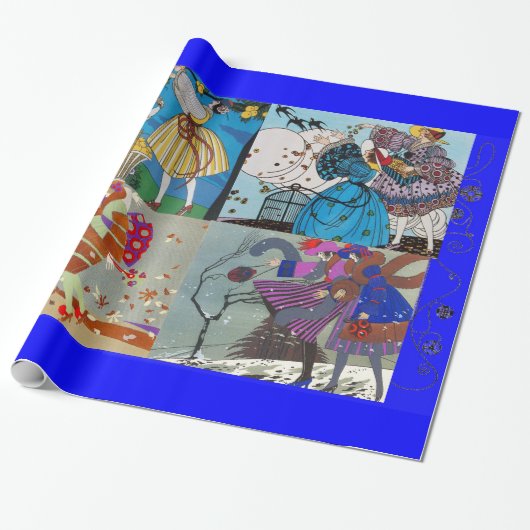 4 SEASONS ARTDECO BEAUTY MODE ILLUSTRATIE, blauw Cadeaupapier (Uitgerold)