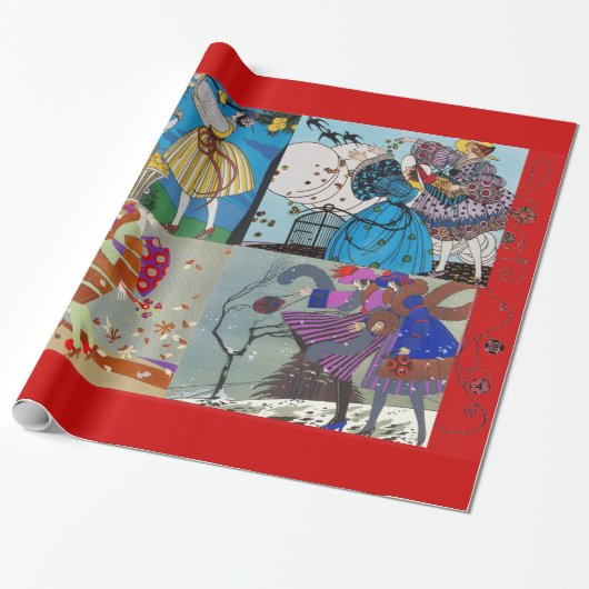 4 SEASONS ARTDECO BEAUTY MODE ILLUSTRATIE, Rood Cadeaupapier (Uitgerold)