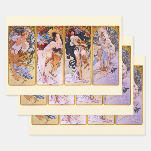 4 Seizoenen van Alphonse Mucha,  Art Nouveau Inpakpapier Vel (Set)