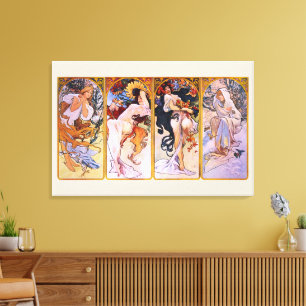 4 Seizoenen van Alphonse Mucha, Art Nouveau Kunst Canvas Afdruk