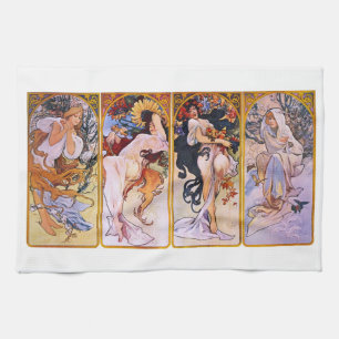 4 Seizoenen van Alphonse Mucha, Art Nouveau Kunst Theedoek