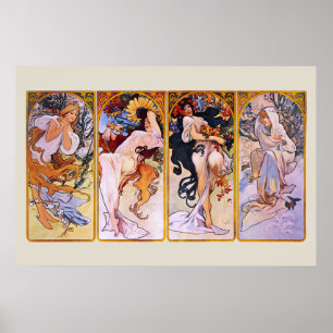 4 Seizoenen van Alphonse Mucha, Vintage Art Nouvea Poster