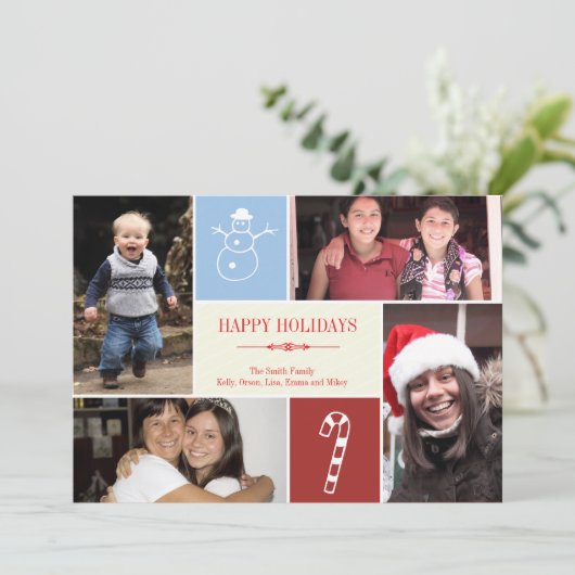 4 snowman snowman snoeprietkerstmis met fotoraster feestdagenkaart (Staand voorkant)