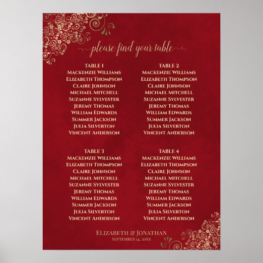 4 Tabel Crimson Red & Gold Wedding Seating Chart Poster (Voorkant)