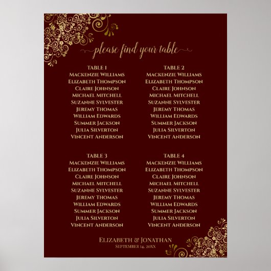 4 Tabel Gold Frills Wedding Seating Chart Auburn Poster (Voorkant)