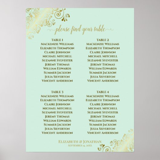 4 Tabel Neo Munt Green Wedding Seding Chart Gold Poster (Voorkant)