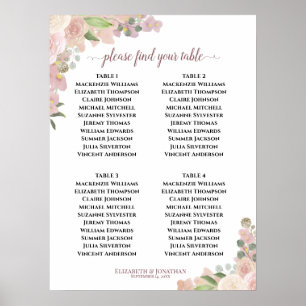 4 Tabel Roze Floral Boho Wedding Seating Chart Poster