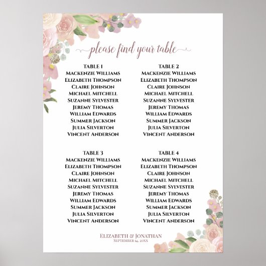 4 Tabel Roze Floral Boho Wedding Seating Chart Poster (Voorkant)