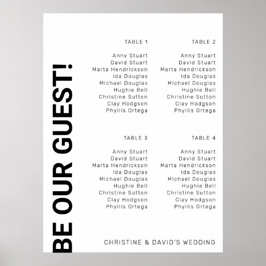4 tabel Simple White Wedding Seating Chart Poster (Voorkant)