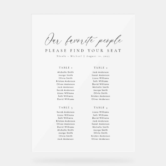 4 Tables Favorite People Acrylic Seating Chart Acryl Bord (Voorkant)