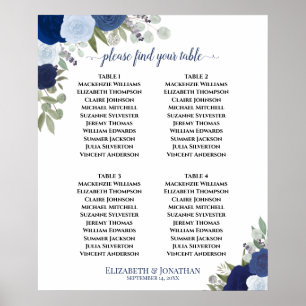4 Tafel Blauw Boho Bloem Bruiloftstoelindeling Poster