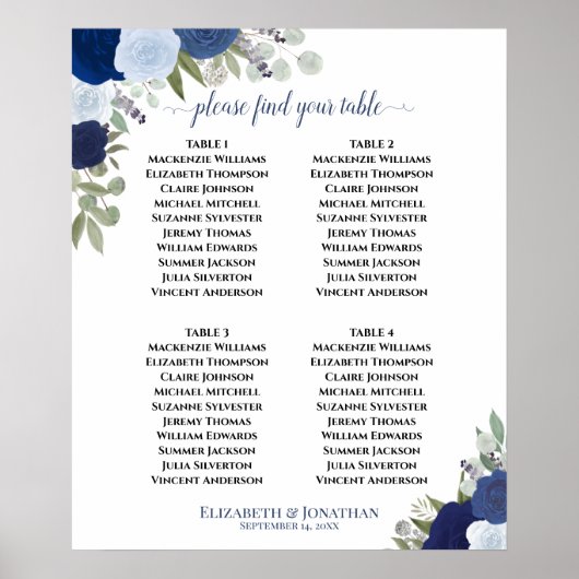 4 Tafel Blauw Boho Bloem Bruiloftstoelindeling Poster (Voorkant)