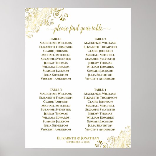 4 Tafel Gold Frills Wedding Seating Chart White Poster (Voorkant)