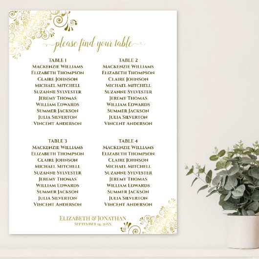 4 Tafel Gold Frills Wedding Seating Chart White Poster