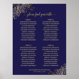 4 Tafel Lacy Gold Wedding Seating Chart Navy Blue Poster