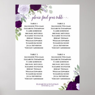 4 tafel Paarse Rozen Elegante bruiloft zitgrafiek Poster