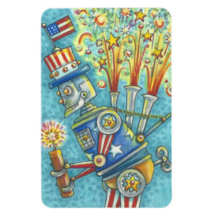 4 VAN JULY FIREWORKS ROBOT, AMERICANA MAGNET Lg. Magneet