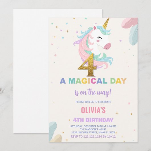 4 Verjaardag Unicorn Verjaardag Uitnodigingen (Voorkant / Achterkant)