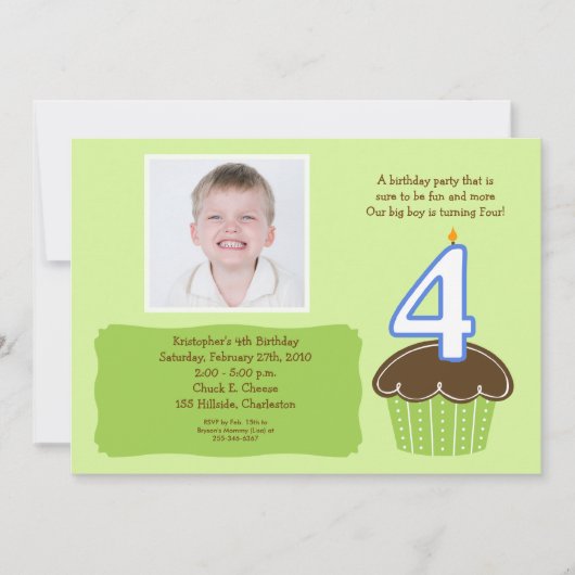 4 VIER JAAR GELEDEN PHOTO BIRTHDAY CUPCAKE INVITY KAART (Voorkant)