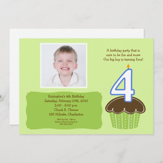 4 VIER JAAR GELEDEN PHOTO BIRTHDAY CUPCAKE INVITY KAART (Voorkant / Achterkant)